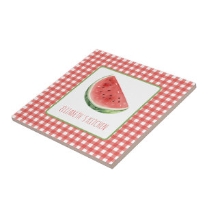 Zomer Watermeloen en Rode Gingham Gestreepte Stof Tegeltje