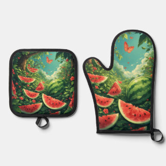 Zomer Watermeloen Tuin – Kleurrijke Natuur Schort Ovenwant & Pannenlap Set