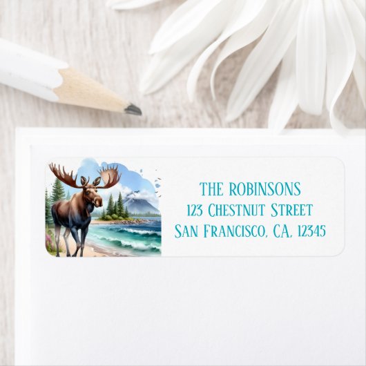 Zomer Waterverf Moose op het strand Etiket (Insitu)