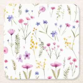 Zomer Waterverf Wildbloemen Vierkante Kartonnen Onderzetter