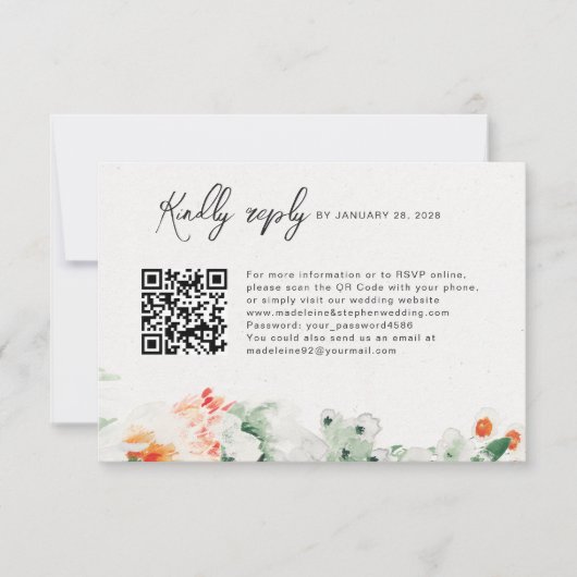 Zomer Wildbloemen groen en oranje QR-code online RSVP Kaartje (Voorkant)