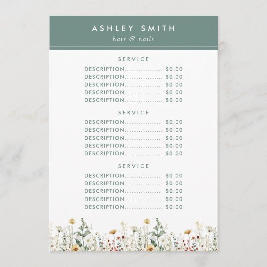 Zomer Wildflower Field Prijs Menu (Voorkant)