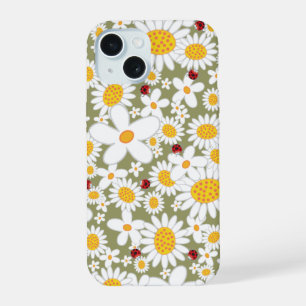 Zomer Witte Dagen en Rode Ladybugs op bruin iPhone 15 Hoesje