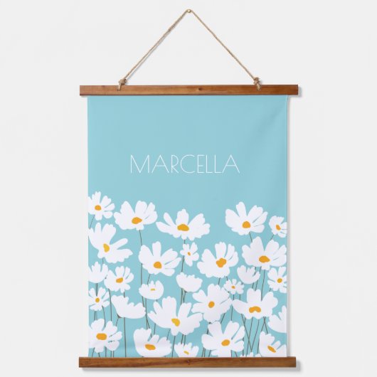 Zomer Witte Kosmos Bloemen Aangepaste naam Hangend Wandkleed (Voorkant)