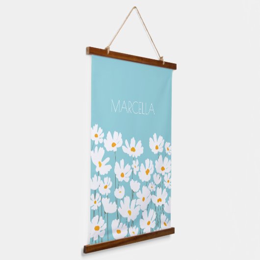 Zomer Witte Kosmos Bloemen Aangepaste naam Hangend Wandkleed (Gebogen)