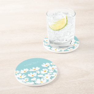 Zomer Witte Kosmos Bloemen Aangepaste naam Zandsteen Onderzetter