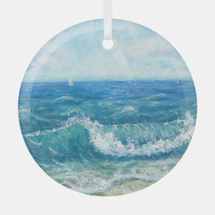 Zomer zeegezicht, blauwe golven, acryl schilderen. glas ornament