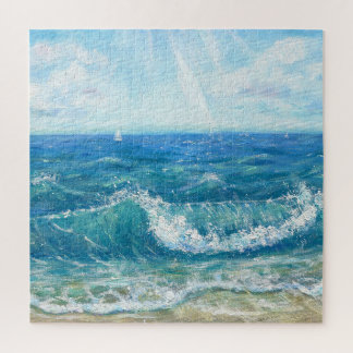 Zomer zeegezicht, blauwe golven, acryl schilderen. legpuzzel