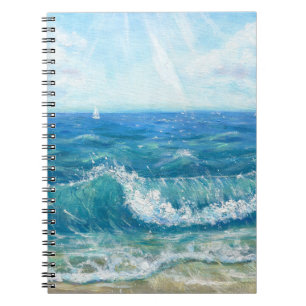 Zomer zeegezicht, blauwe golven, acryl schilderen. notitieboek
