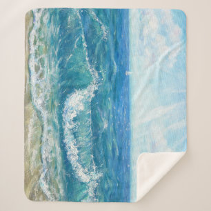 Zomer zeegezicht, blauwe golven, acryl schilderen. sherpa deken