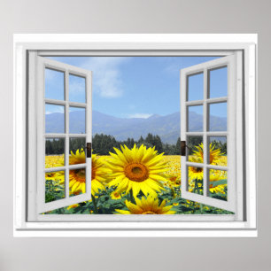 Zomer Zonnebloemen Tuin Uitzicht Nep Raam Poster