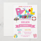 Zomer Zwembad Feest Uitnodiging Spetterende Meisje (Voorkant / Achterkant)