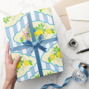 Zomerachtig Blauw en Geel Citroenen Bloemmotief Cadeaupapier