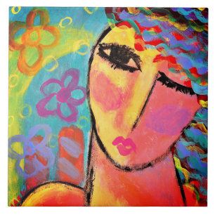 Zomerbloemen Abstract Portret van een vrouw Tegeltje