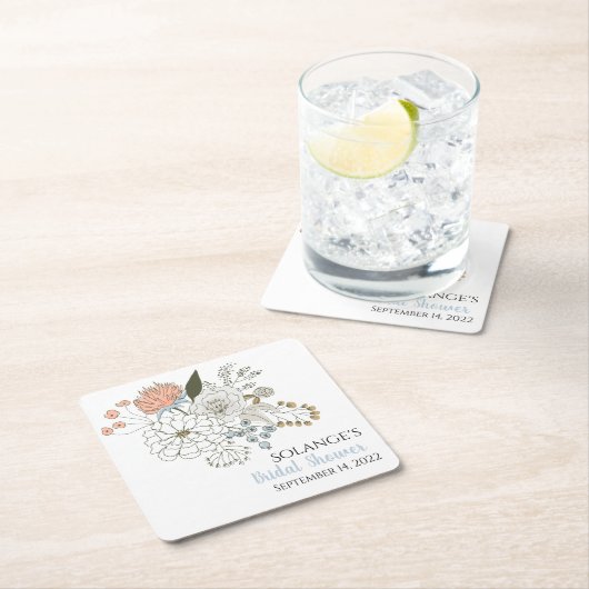 zomerbloemen blauw roze vierkante kartonnen onderzetter (Insitu)