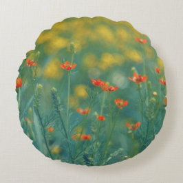 zomerbloemen (Floral Field) (Rode bloemen) Rond Kussen