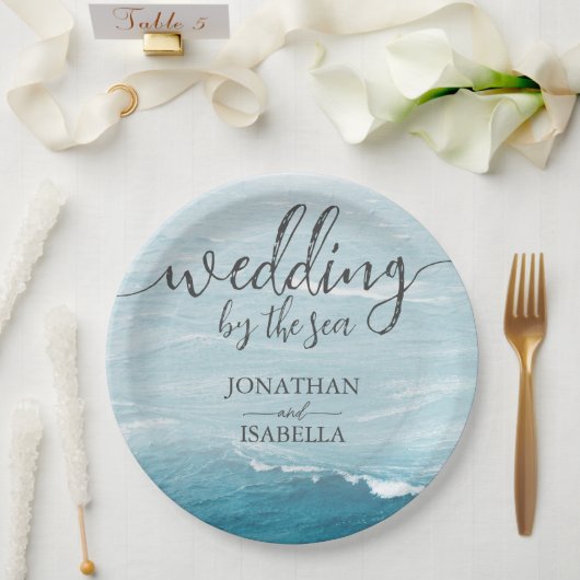 Zomerbruiloft door de blauw golvende zee ombre oce papieren bordje (Huwelijk)