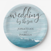 Zomerbruiloft door de blauw golvende zee ombre oce papieren bordje (Voorkant)