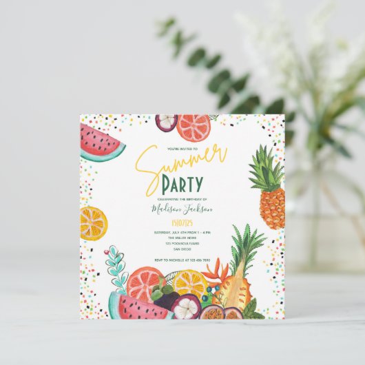Zomerfeest gele tropische fruit uitnodiging (Staand voorkant)