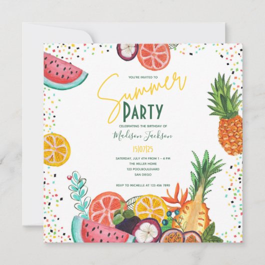 Zomerfeest gele tropische fruit uitnodiging (Voorkant)