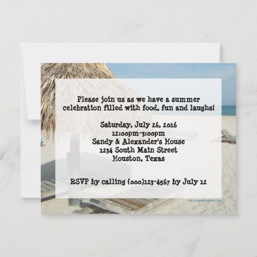 Zomerfeest uitnodiging, strand Cabana Kaart (Achterkant)