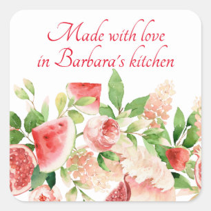 Zomerfruit en Bloemen Roze Waterverf Vierkante Sticker