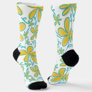 zomergeel en turquoise bloempatroon sokken