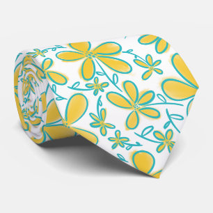 zomergeel en turquoise bloempatroon stropdas