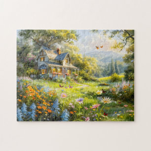 Zomerhuisje met bloemenweide legpuzzel