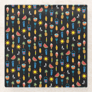 Zomericonen Zwart Naadloze Achtergrond Glazen Onderzetter