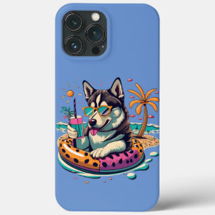 Zomerplezier met Schattigee Cool Husky Dog in Pool iPhone 13 Pro Max Hoesje