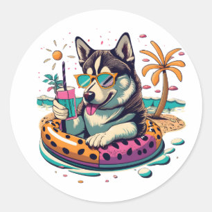 Zomerplezier met Schattigee Cool Husky Dog in Pool Ronde Sticker