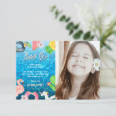 Zomerpret zwembad verjaardagsfeest foto bedankkaart (Staand voorkant)