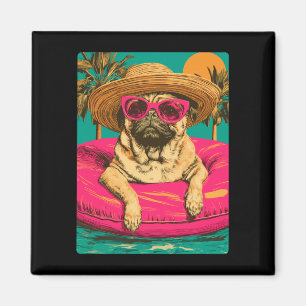 Zomerpug met zonnebril cute hond tropisch zwembad magneet