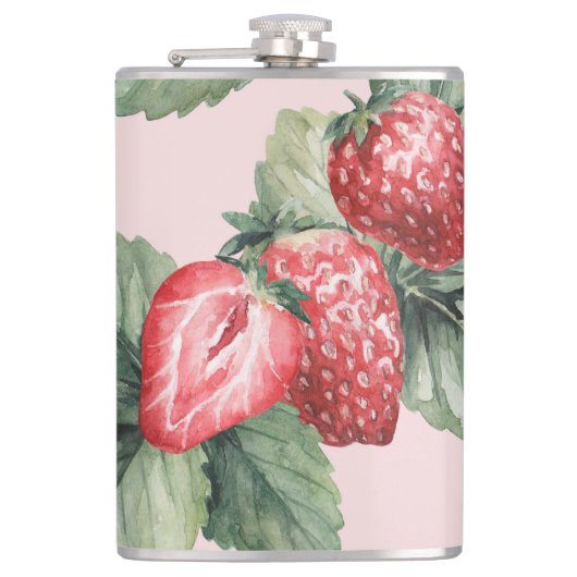 Zomerrijpe aardbeien: Waterverf roze Heupfles (Voorkant)