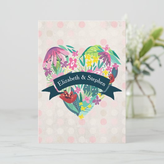 Zomerse bloemenhart met lint bruiloft kaart (Staand voorkant)