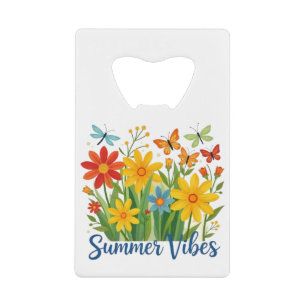 Zomerstemming bloemschikking met vlinders kredietkaart flessenopener