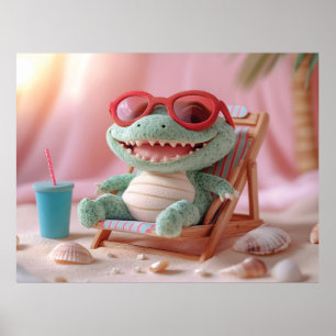 Zomerstemming: Chille Pluche Krokodil op Vakantie Poster