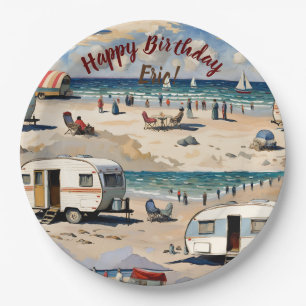Zomerstemming, vintage caravan op het strand papieren bordje