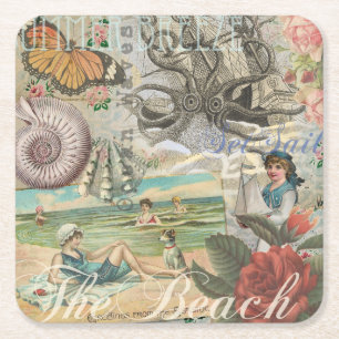 Zomerstrand octopus antiek zeilen vierkante kartonnen onderzetter