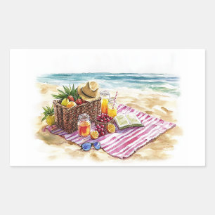 Zomerstrand Picnic Waterverf Illustratie – Vibr Rechthoekige Sticker