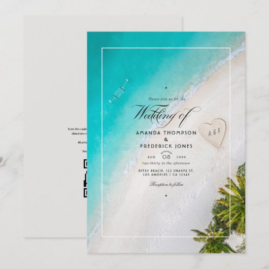 Zomerstrand QR-code RSVP Trouw Monogram Kaart (Voorkant / Achterkant)