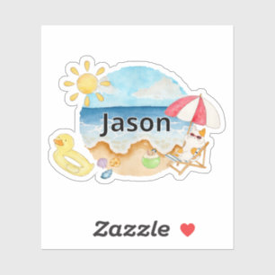 Zomerstrandkat met naamstickers sticker
