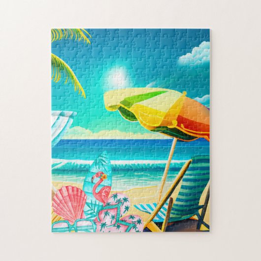 Zomerstrandparasols, surfplank en boom legpuzzel (Verticaal)