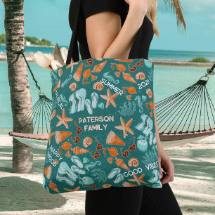 Zomerstrandvibes Gezinstrip Retro Teal Aangepast Draagtas