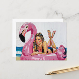 Zomertijd Vrouw op een Flamingo Float op het stran Briefkaart