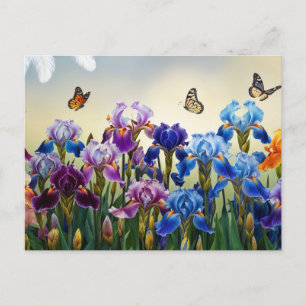 Zomertuin met Iris bloemen en vlinders Briefkaart