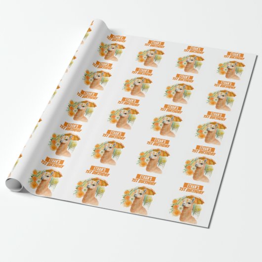 Zomervibes Waterverf Llama Verjaardag Cadeaupapier (Uitgerold)
