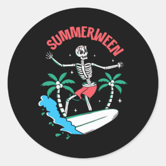 Zomerween Vibes Skelet Surft op Golven Zomer Hal Ronde Sticker