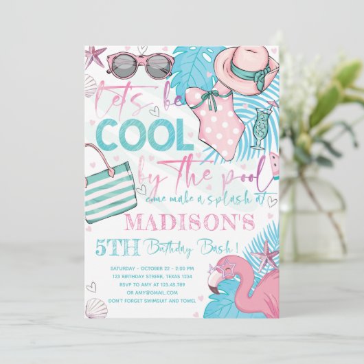 Zomerzwembad Verjaardagsfeest Schattige Roze Turqu Kaart (Staand voorkant)